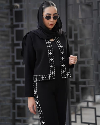 ست کت کراپ و شلوار جواهردوزی مدل مروارید