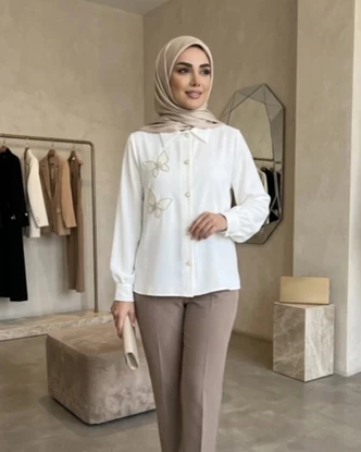 شومیز سفید جواهردوزی مدل پرند